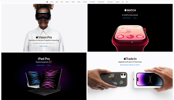 A homepage featuring the latest updates, products, and features offered by Apple
